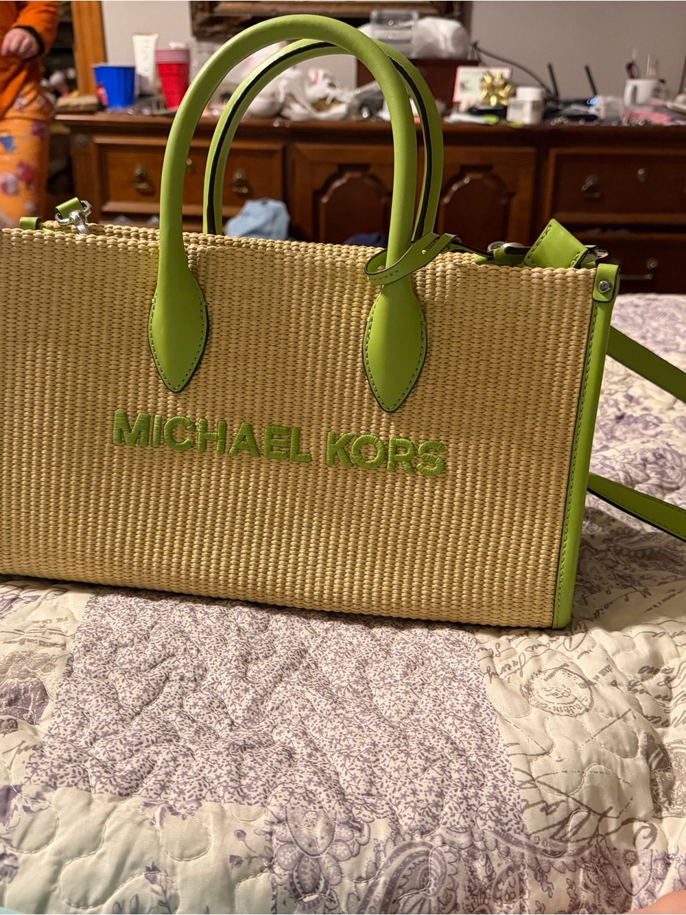 Michael Kors Straw Tote with Lime Green Accents